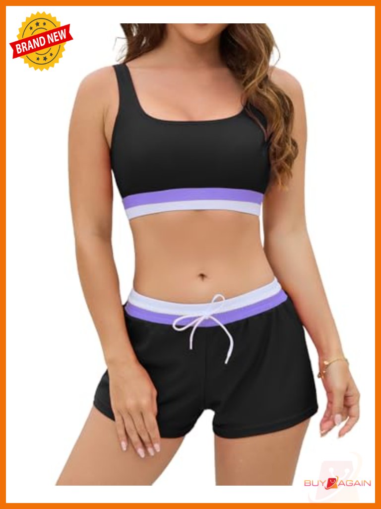 Women's Two Piece Athletic Swimsuits High Waisted Bikini Set Sporty Crop Top